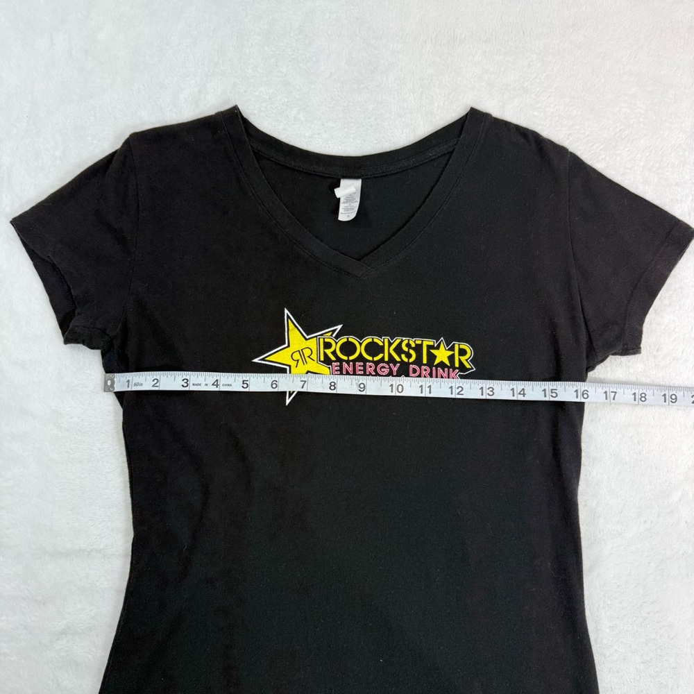 Rockstar Energy Womans Sz LG Black Graphic Print Short Sleeve T Shirt V Neck Y2K - Picture 9 of 9